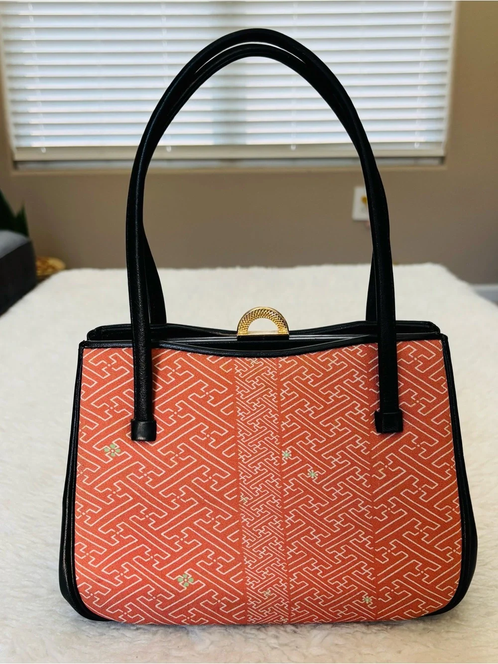 Kimono Japanese black leather Orange Fabric Small Handbag/Satchels Bag